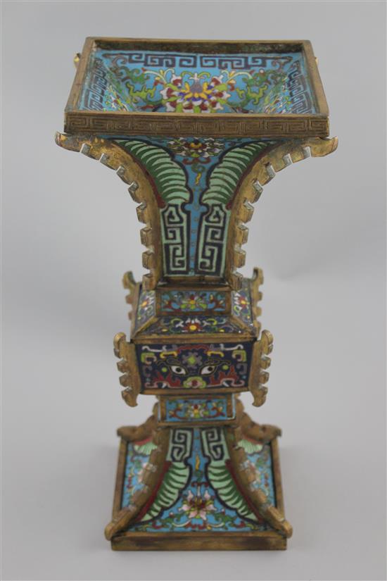 A Chinese gilt bronze and cloisonne enamel beaker vase, gu, Qianlong mark, first half 20th century, 33.5cm